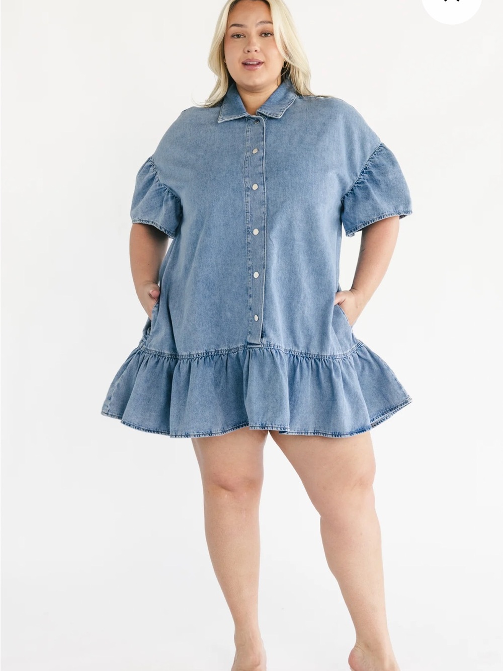 Baltic Born Light Blue Denim Ruffle-Hem Shirt Dress